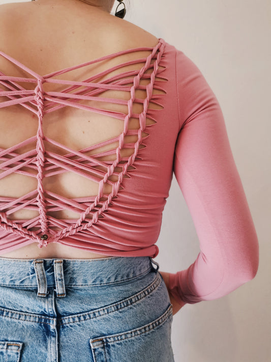 Moon & Star ~ Hand Braided Long Sleeve Crop Top ~ Pink