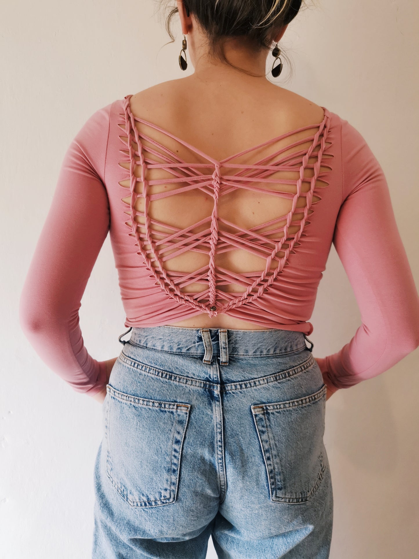 Moon & Star ~ Hand Braided Long Sleeve Crop Top ~ Pink