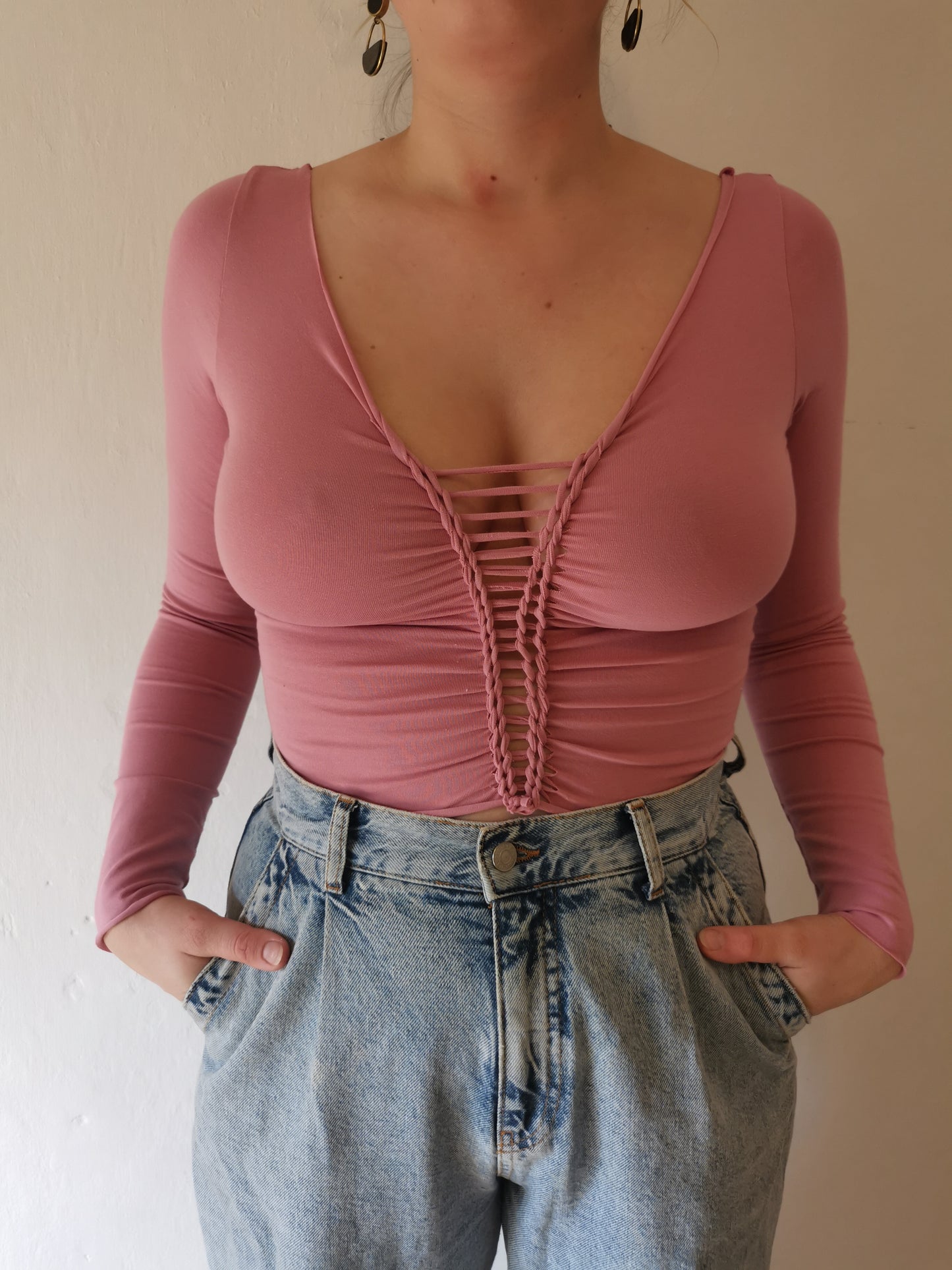 Moon & Star ~ Hand Braided Long Sleeve Crop Top ~ Pink