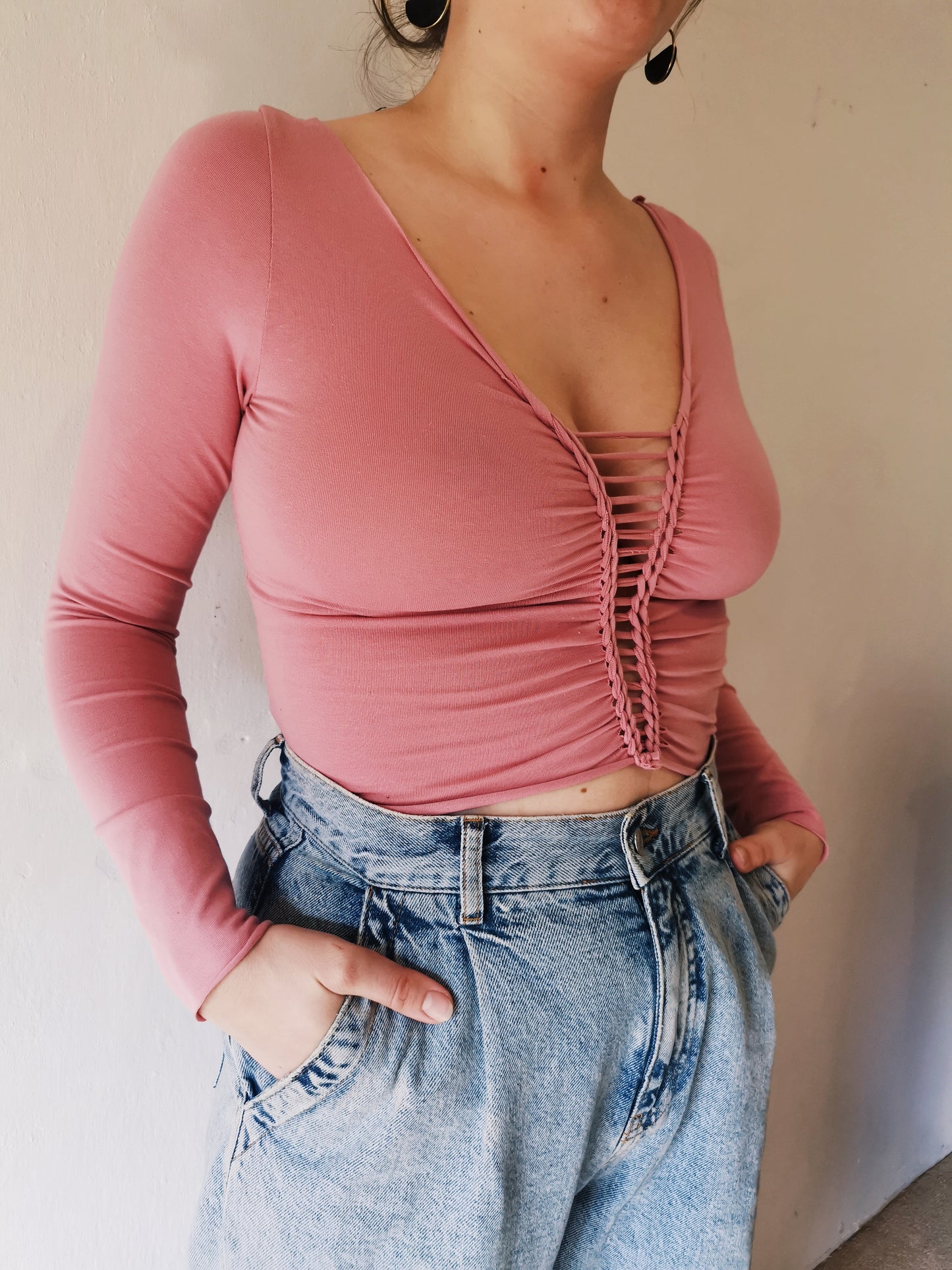 Moon & Star ~ Hand Braided Long Sleeve Crop Top ~ Pink